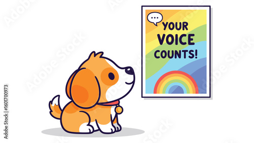 Cute Puppy Looking at Inspirational Poster with Rainbow and the Message Your Voice Counts