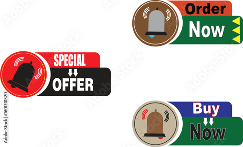 Special offer buy now vector badge set in red and green icons for fast order and online promotions