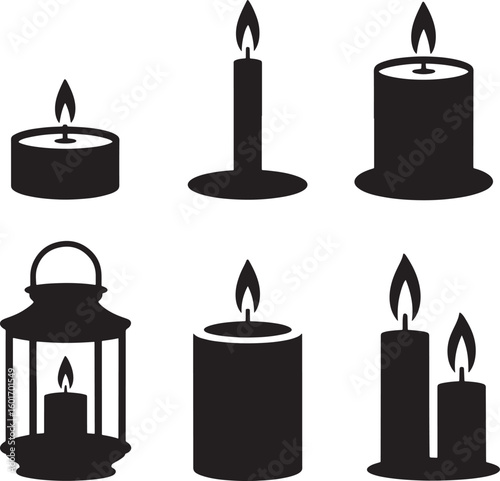 Collection of six black silhouette candle icons with flickering flames