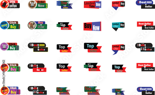 Top seller and buy now label vector set for ecommerce discount and promo badge design