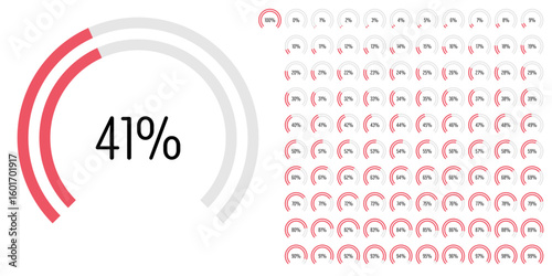 Set of circular sector arc percentage diagrams meters progress bar from 0 to 100 ready-to-use for web design, user interface UI or infographic - indicator with red