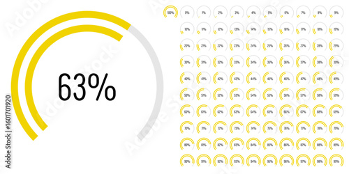 Set of circular sector arc percentage diagrams meters progress bar from 0 to 100 ready-to-use for web design, user interface UI or infographic - indicator with yellow