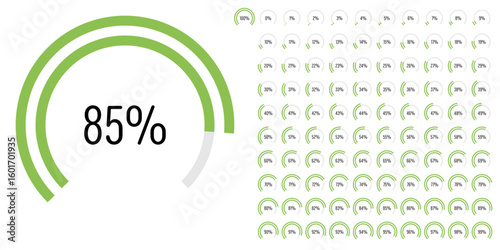 Set of circular sector arc percentage diagrams meters progress bar from 0 to 100 ready-to-use for web design, user interface UI or infographic - indicator with green