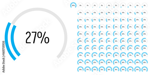 Set of circular sector arc percentage diagrams meters progress bar from 0 to 100 ready-to-use for web design, user interface UI or infographic - indicator with blue