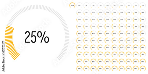 Set of circular sector arc percentage diagrams meters progress bar from 0 to 100 ready-to-use for web design, user interface UI or infographic - indicator with yellow