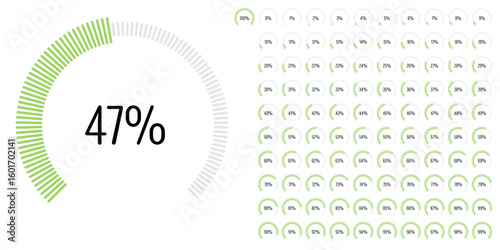 Set of circular sector arc percentage diagrams meters progress bar from 0 to 100 ready-to-use for web design, user interface UI or infographic - indicator with green