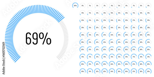 Set of circular sector arc percentage diagrams meters progress bar from 0 to 100 ready-to-use for web design, user interface UI or infographic - indicator with blue