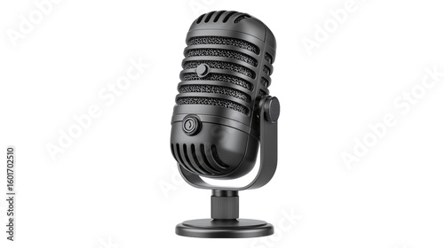 3D black studio microphone in cartoon plastic style, podcast and recording concept, isolated on transparent background 