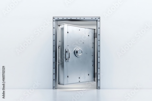 Open bank vault door in white room offering safety, security, and financial protection