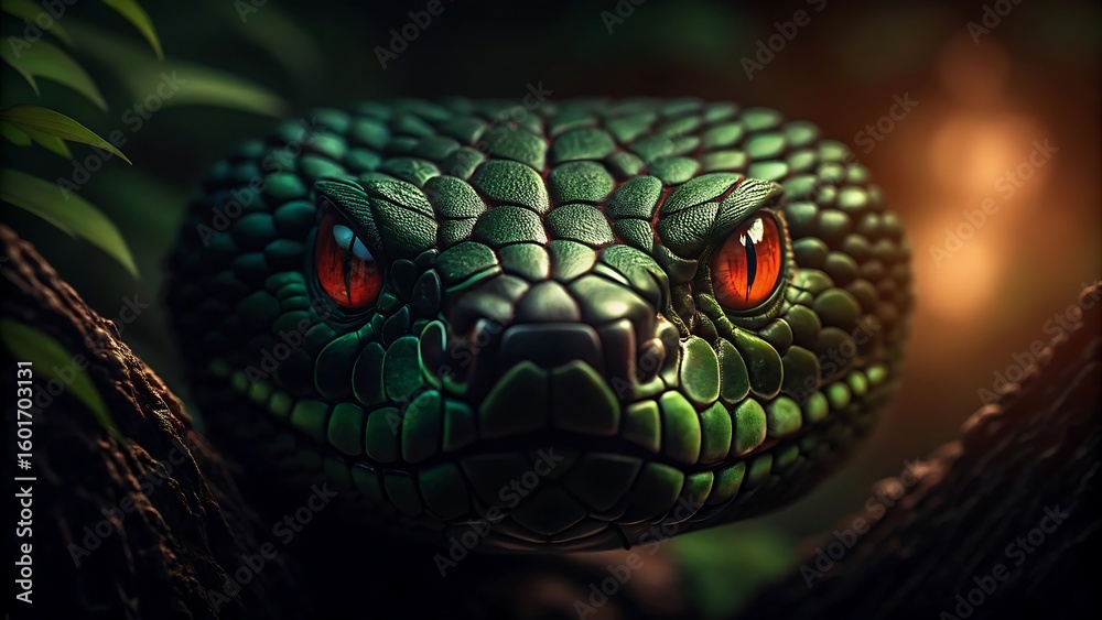 Intense close up of a green snake s head with piercing red eyes lurking in dense foliage Intense close up of a green snake s head with piercing red eyes lurking in dense foliage