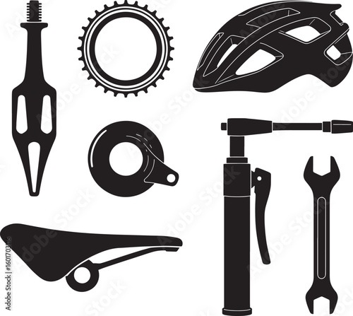 Collection of bicycle parts and safety gear in silhouette style