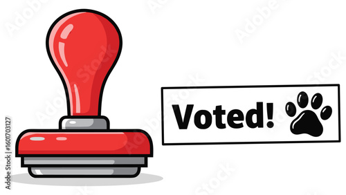 Patriotic pet: A red rubber stamp and 'Voted' sign with paw print for animal welfare