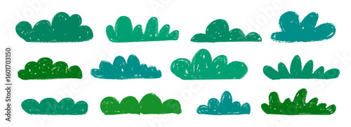 Hand drawn crayon bushes and collection. Green grass and shrubbery set. Doodled shrub shapes bundle. Pencil sketched foliage elements. Scribbled cartoon greenery plant pack. Vector illustration