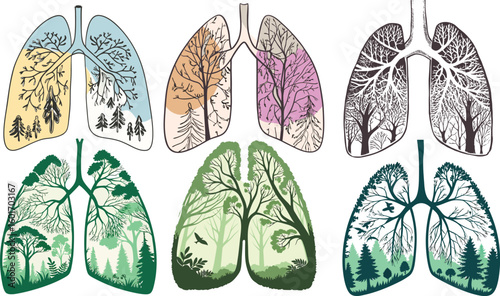 Lung Silhouette Filled with Forest Trees and Birds