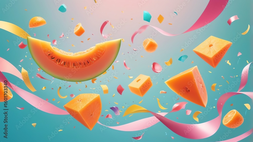 Naklejka premium Cantaloupe Slices and Orange Cubes Floating with Ribbons and Confetti