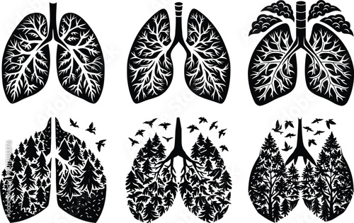 Lung Silhouette Filled with Forest Trees and Birds