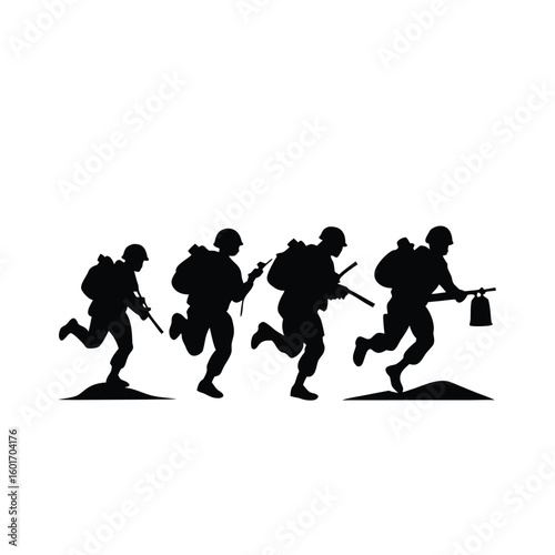 Dynamic military squad running forward with rifles drawn ready for action banner advertisement design