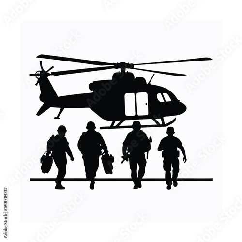 Silhouette of a highly trained special operations team rappelling from a helicopter during a tactical mission