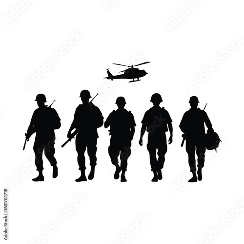 A disciplined unit of soldiers marching in a unified formation while carrying their rifles forward