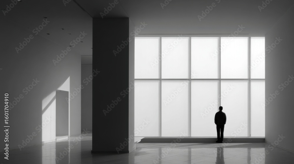 Obraz premium A solitary figure in a minimalist interior, framed by clean lines and soft window light