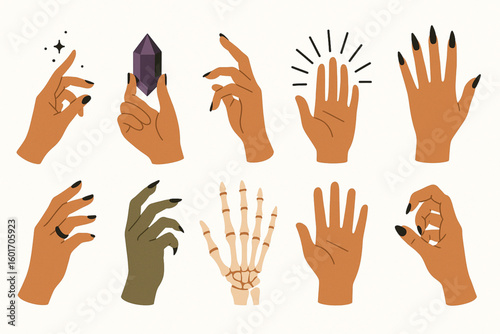 Magical Halloween Hand Gestures Flat Vector Icons, Spooky Mystic Hand Illustrations
