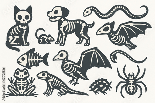 Stylized Animal Skeletons Halloween Flat Vector Set, Spooky Cartoon Bone Illustrations