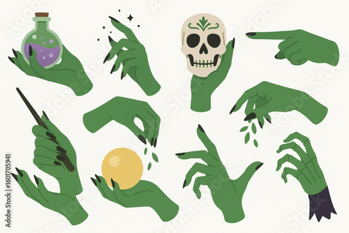 Witch Hands Flat Vector Set, Magical Halloween Hand Gestures Illustrations