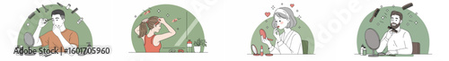 Illustration of four people engaged in personal grooming routines with green arches and muted tones
