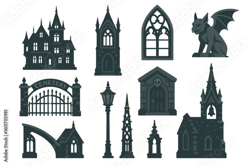 Gothic Halloween Structures Flat Vector Set, Spooky Haunted Architecture Icons