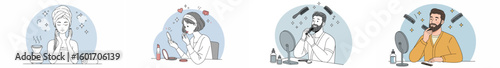 Illustration of four people engaged in personal grooming rituals in a soft, muted color palette