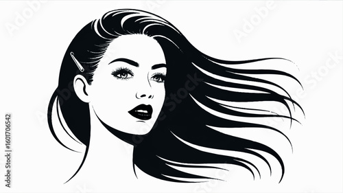 Minimalist black and white artistic illustration of a woman s face and flowing hair
