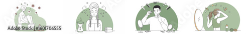 Four-panel illustration of a personal care routine with women and a man using skincare and grooming products