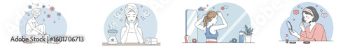 Illustration of a woman engaged in self-care and grooming in four pastel-toned panels