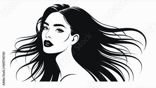 Minimalist black and white artistic illustration of a woman s face with flowing hair