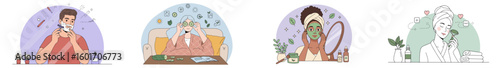 Illustration of four people performing personal care routines in a pastel color palette
