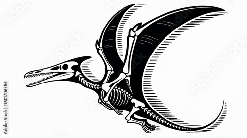 Striking woodcut style illustration of a pterosaur skeleton in dynamic flight against a white background