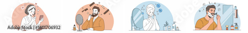 Four-panel illustration of personal grooming routines with makeup, mustache grooming, face mask, and shaving