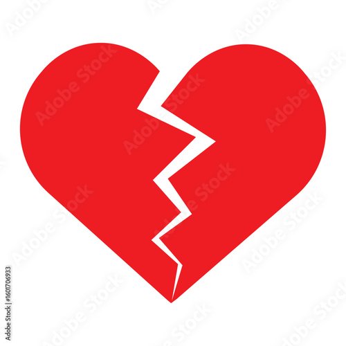 Red Heart broken to two pieces vector illustration icon or logo, broken heart concept, breakup or divorce, heartbreak regret, separated couple, tragic love. Broken Red Heart Emoji.