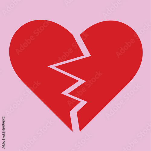 Red Heart broken to two pieces vector illustration icon or logo, broken heart concept, breakup or divorce, heartbreak regret, separated couple, tragic love. Broken Red Heart Emoji on pink background.