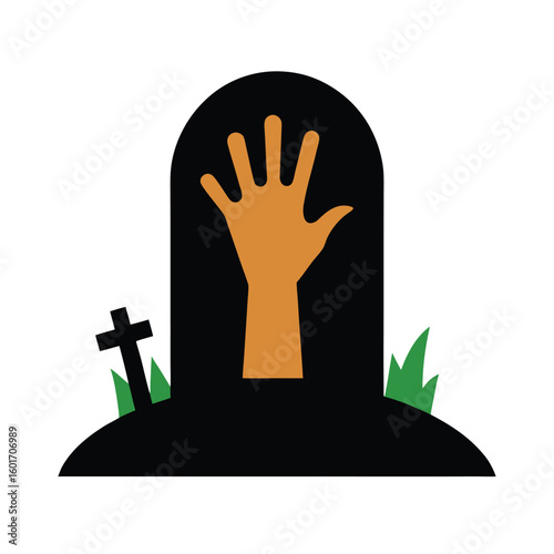 Creepy hand rising from grave in spooky scene vector illustration.