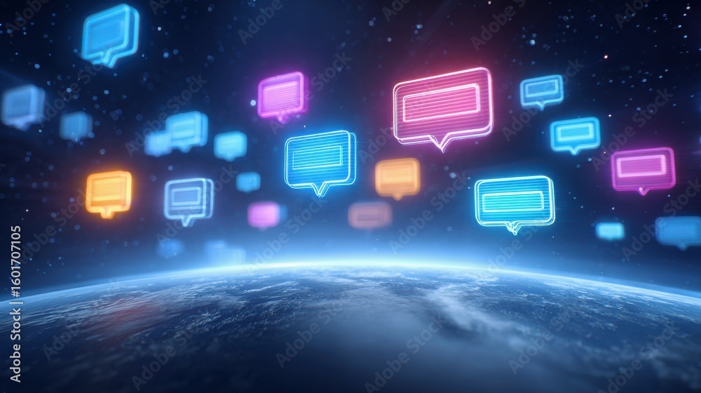 Fototapeta premium Social media platform governance concept. Floating neon chat bubbles over Earth symbolize global digital communication and social media interaction in a futuristic, space-like environment.