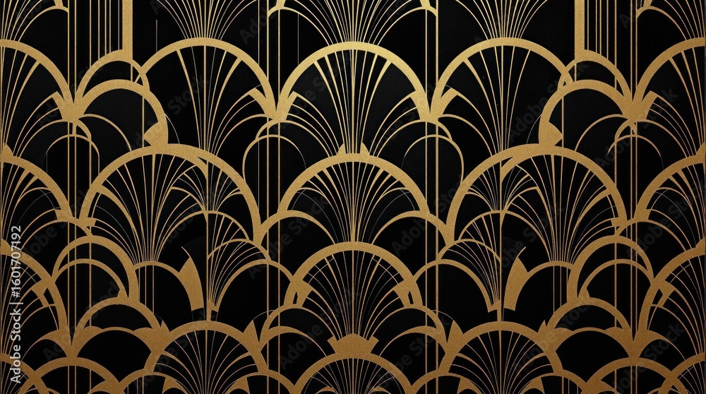 Elegant Art Deco pattern in gold and black, featuring a repeating design of stylized fan shapes with radiating lines, creating a luxurious and geometric aesthetic