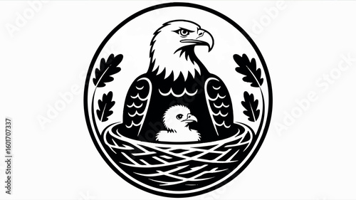 Minimalist black and white illustration of an eagle perched with its nest