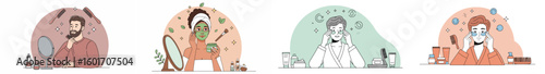 Multi-panel illustration of four people engaged in skincare and grooming rituals with decorative elements