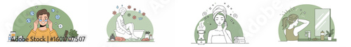 Illustration of four women engaged in self-care and personal hygiene routines with plants and toiletries