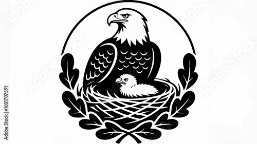 Minimalist black and white eagle and nest illustration