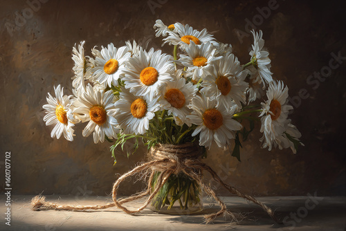 Bunch of daisies styled on warm vintage wood background