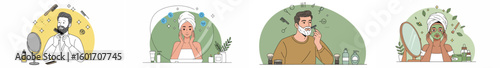 Illustration of four personal grooming scenes with pastel backgrounds