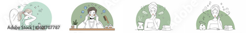 Four-panel illustration of women engaged in quiet activities with soft muted greens and whites