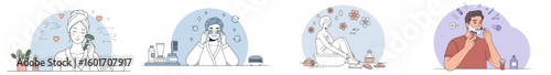 Four-panel illustration of a personal care routine with skincare and oralcare